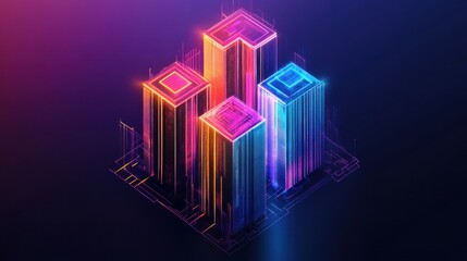 Obraz premium Futuristic digital city, abstract representation of interconnected network infrastructure. Modular, vibrant, and interconnected structures