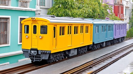 Obraz premium A brightly colored train with yellow, blue, and purple cars sits on the tracks in front of colorful buildings