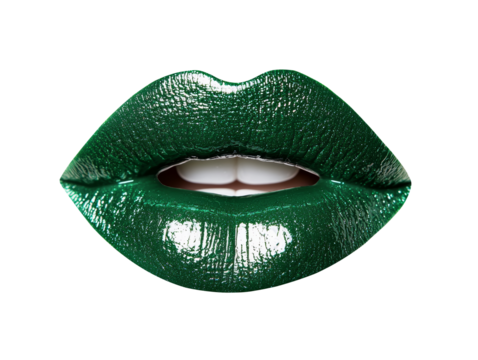 Glossy green lips showcase a bold and striking appearance, emphasizing a unique cosmetic style.
