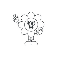 Cartoon Flower Character With Peace Sign Black And White Trendy Retro Mascot Design Illustration