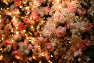 A glamorous wedding backdrop with a large floral wall, twinkling lights, and gold accents for a luxurious, elegant ambiance