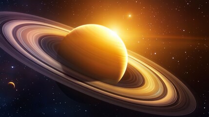Glowing Saturn with prominent rings in space.