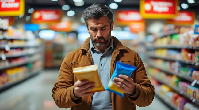 Man in store aisle holds two packages, comparing prices with thoughtful expression