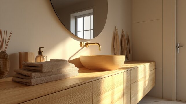 Bright bathroom wooden sink and towels in a modern home