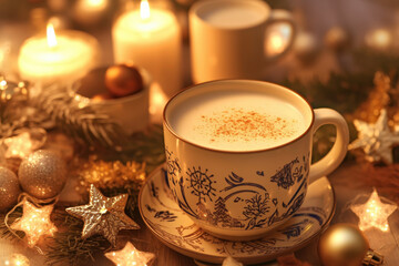 Fototapeta premium Cup of coffee with candle and Christmas decor.