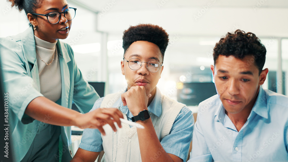 Aufkleber Business, people and programmer in office with mentor, learning update and internship at computer. Coding training, group and lead engineer in workshop with new recruits, explain software and advice