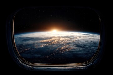 Earth horizon sunrise seen through spacecraft window with glowing city lights and starry sky above creating a sense of wonder and exploration in deep space