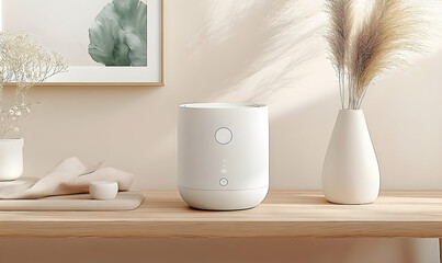 Modern home interior featuring a stylish diffuser on a wooden table with decorative elements and soft lighting