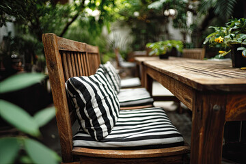 Fototapeta premium Cozy outdoor dining area with wooden furniture, striped cushions, and lush greenery in the background