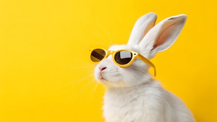 Fototapeta premium White Rabbit Wearing Yellow Sunglasses Against a Vibrant Yellow Background