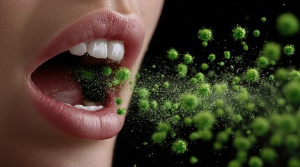 A woman’s mouth releases green particles in a vivid depiction of germs spreading through the air.

