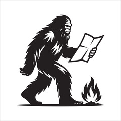 Fototapeta premium Black and white silhouette of a walking Yeti (Bigfoot) holding and reading a map next to a campfire
