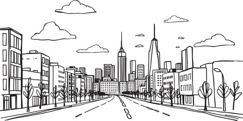 Obraz premium City landscape. Line urban backdrop. Skyline with clouds, different buildings on street, doodle street draw, outline cityscape hand sketch, flat houses. Hand drawn vector illustration 