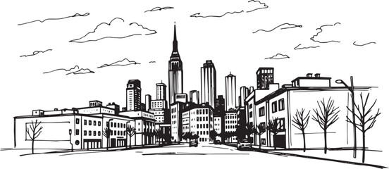 Obraz premium City landscape. Line urban backdrop. Skyline with clouds, different buildings on street, doodle street draw, outline cityscape hand sketch, flat houses. Hand drawn vector illustration 