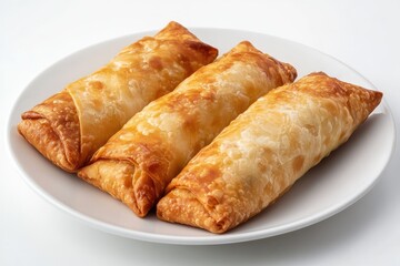 Kalem borek on plate, white background. AI generated illustration.