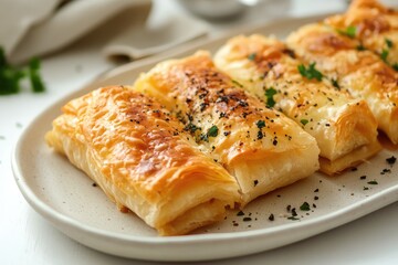 Kalem borek on plate, white background. AI generated illustration.