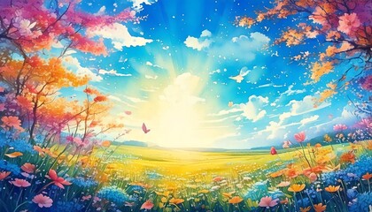 朝日に照らされた春の花畑、ファンタジー風の輝く草原、色とりどりの花に囲まれた光の風景、青空に広がる幻想的な野原、蝶が舞う明るい自然の風景、絵本のような春の光景、空と花がつながる優しい世界、輝く太陽と彩り豊かな草花、夢の中のような自然のイラスト、希望に満ちた自然の光景
