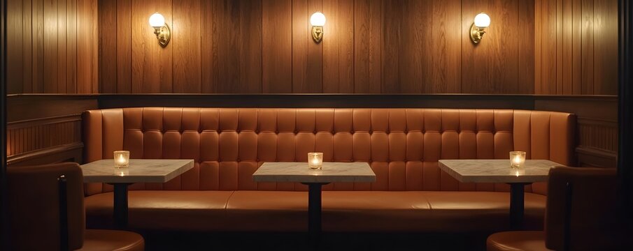 Cozy and intimate dining booth with plush upholstered seating candlelit ambiance and warm elegant decor perfect for a romantic or fine dining experience