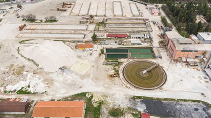 Factory solid waste sorting plant. Treatment plant. Waste settling ponds. Top view.