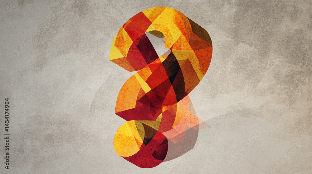 Poster Abstract red and yellow question mark on textured beige background, symbolizing inquiry, uncertainty, or problem-solving