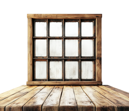 Rustic wooden window frame with frosted glass rustic home isolated on transparent background