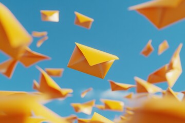 Conceptual illustration of yellow envelopes floating in a blue sky representing email communication and digital correspondence for modern business and personal connection