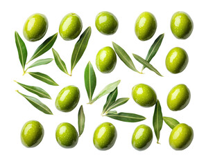 Fresh green olives and leaves food natural top view isolated on transparent background