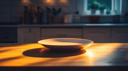 Close-up of an empty plate on a kitchen table at night, warm lighting highlighting the plate and the texture of the table 