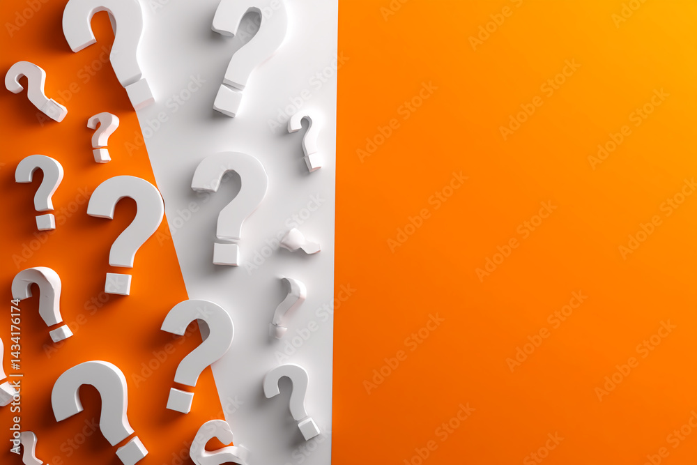 Aufkleber White question marks on orange and white background, creating a design with ample free space for text or advertisement, representing curiosity, inquiry, and problem-solving