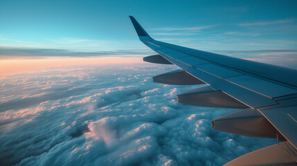 Obraz premium Above the Clouds Stunning Airplane Wing View at Sunset