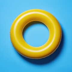 Vibrant yellow inflatable ring on a serene blue background evoking summer fun and relaxation perfect for beach vacation themes and poolside leisure in a minimalist style
