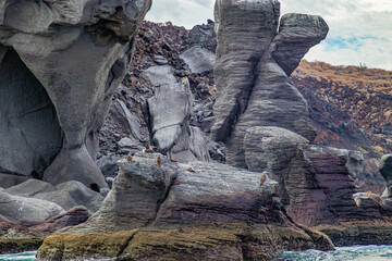 Rock formations with waterfowl on Mexican coast of Coronado Island, slope with huge volcanic lava rocks in background, cloudy day in Loreto Bay National Marine Park in Baja California Sur, Mexico