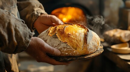 Hands pull golden brown sourdough loaf from traditional stone oven in warm bakery filled with rising steam
