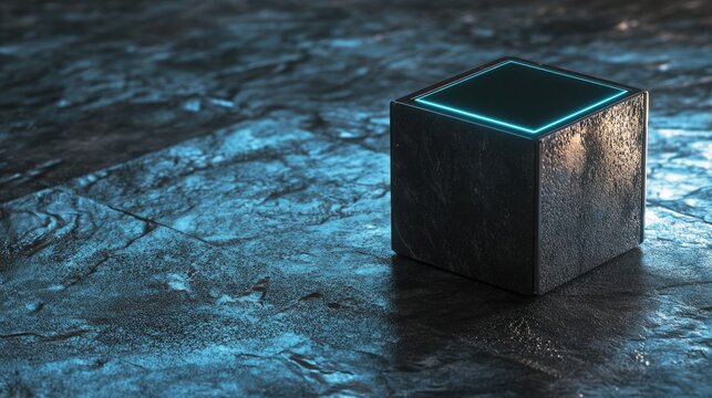 Dark Cube with Neon Blue Glow on Textured Surface