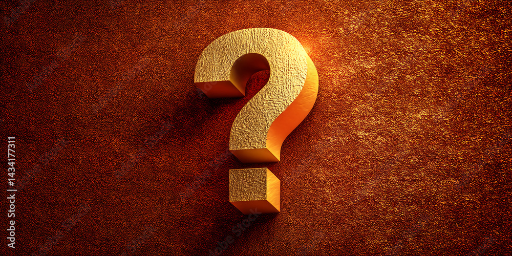 Poster golden question mark on textured brown background, symbolizing inquiry, uncertainty, or the search f