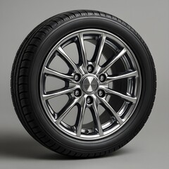 Obraz premium Ultra-realistic 3D icon of a glossy alloy wheel: a high-polish chrome rim with intricate spokes encircled by a textured black tire