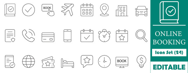 Enhance your online booking platforms with this minimalist icon set, featuring 24 clear, editable icons for booking, travel, payment, and scheduling. Perfect for websites and apps.