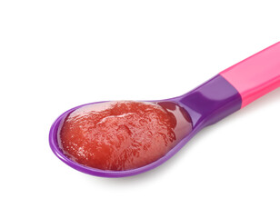 Baby food. Tasty puree in spoon isolated on white