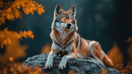 Majestic wolf resting on a rock, glowing eyes