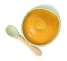 Baby food. Tasty puree in bowl and spoon isolated on white, top view