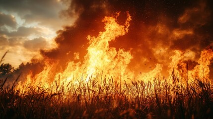 Massive field fire at sunset