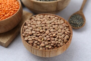 Different types of lentils on light table, closeup