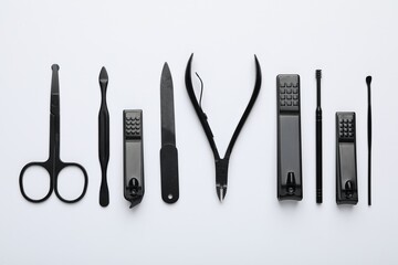 Set of different manicure tools on white background, flat lay