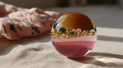 Ornate, translucent sphere with pink and gold accents.