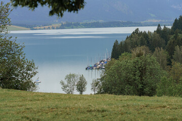 Fototapeta premium Serene lakeside view with boats moored at dusk near a forested shore