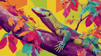 Vibrant lizard on a colorful branch.