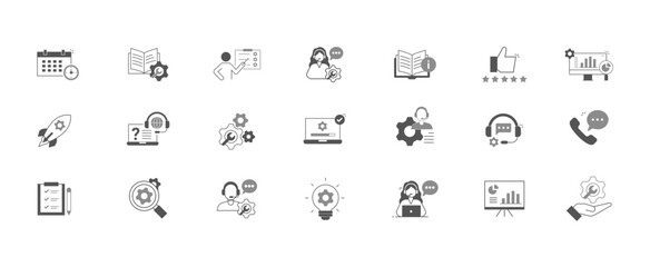 Technical Support and Customer Assistance Icon Set – Help Desk, Troubleshooting, Knowledge Base, and User Communication Symbols. Customer Service and Communication Icons.