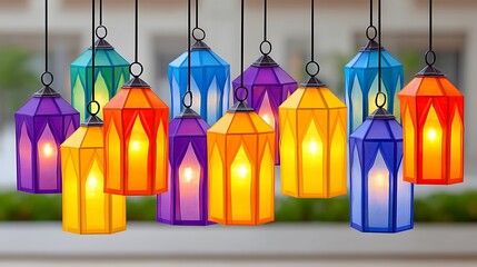 A cluster of colorful, hanging lanterns with glowing lights, suspended in front of a blurred background