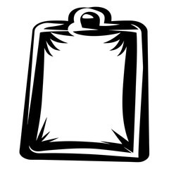 Stylized black and white drawing of a clipboard with no paper