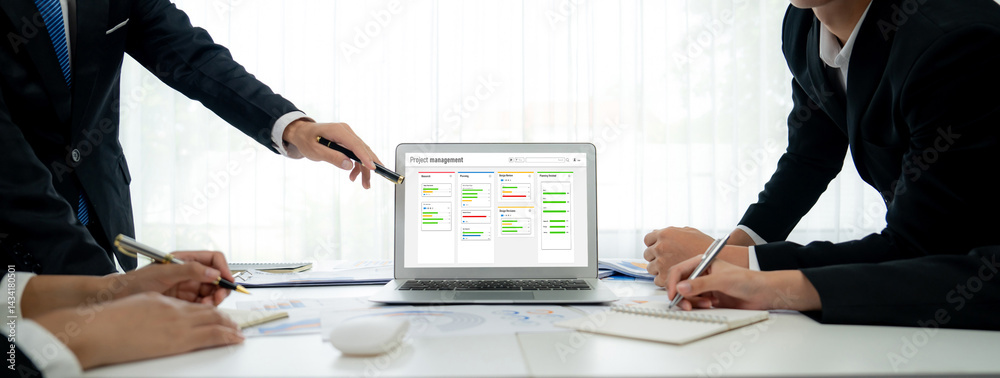 Poster project planning software for brisk business project management on the computer screen showing timel
